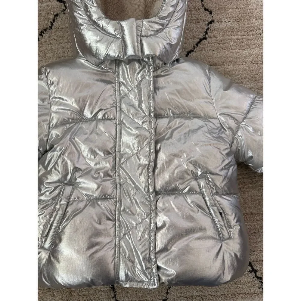 GAP 2T Girls Silver Metallic Hooded Sherpa Puffer Winter Jacket